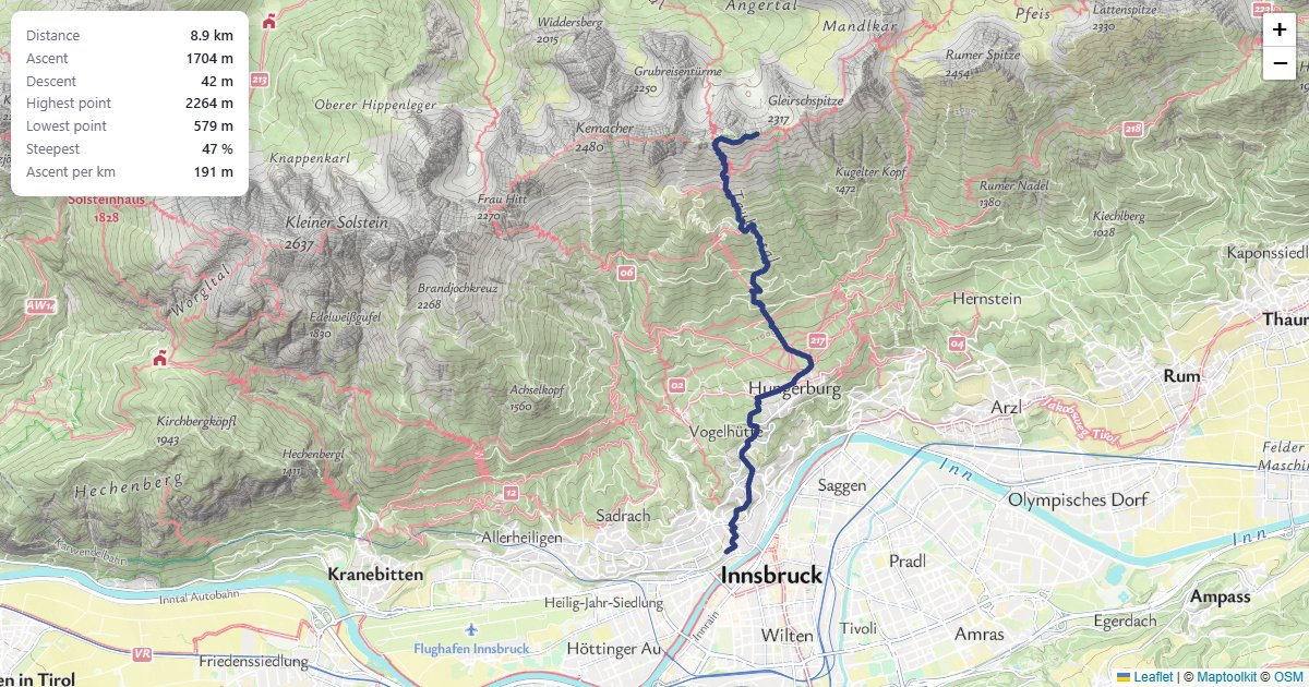 Ascent, descent and the steepest section of a hiking route.