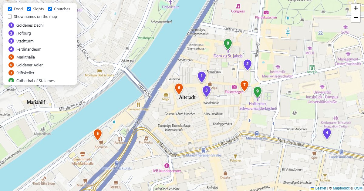 Colored SVG pins with numbers, labels and data, fitted to the map.