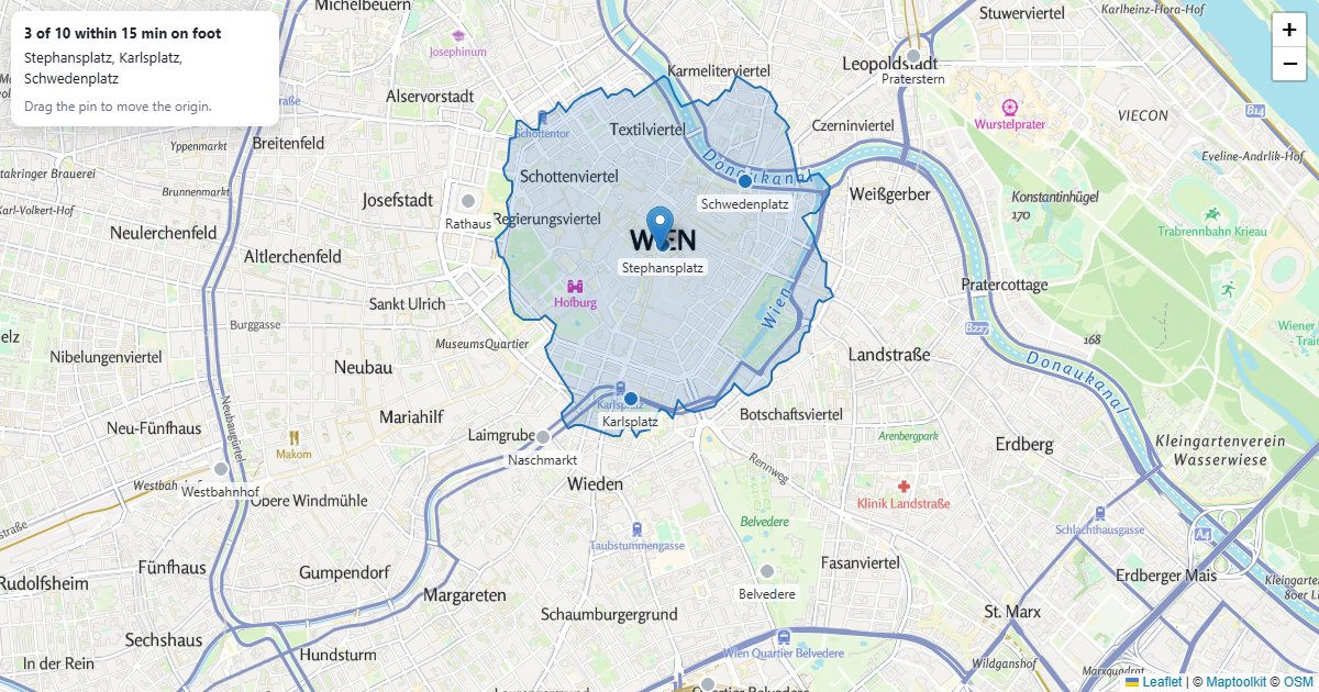 Drag the origin to see which places are within a 15 minute walk.