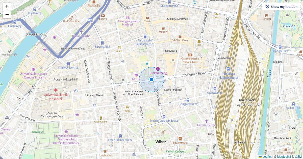 A locate button with an accuracy circle and error handling.