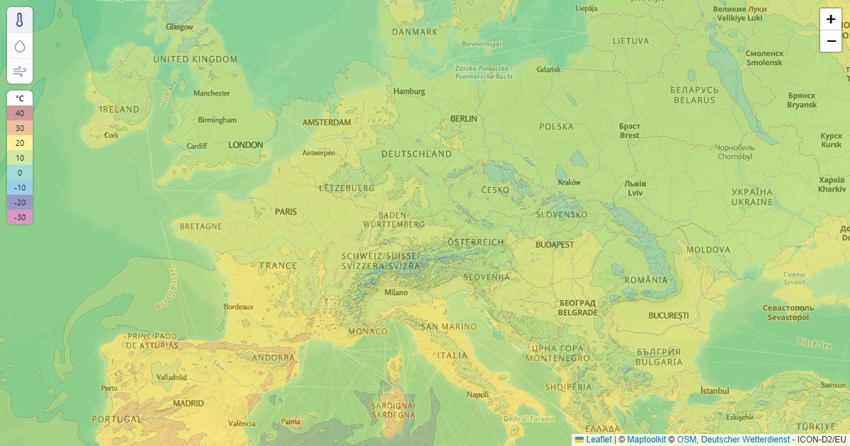 Temperature, rain and wind over a Leaflet basemap.