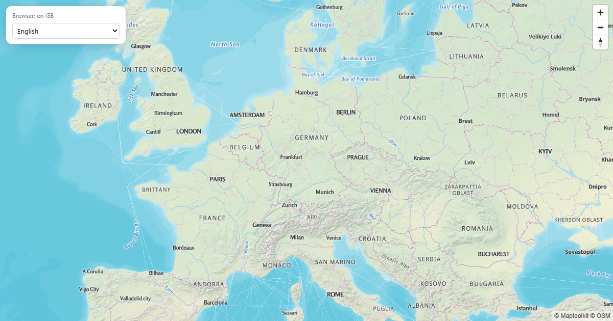 Map labels in the visitor's language, with a manual override.