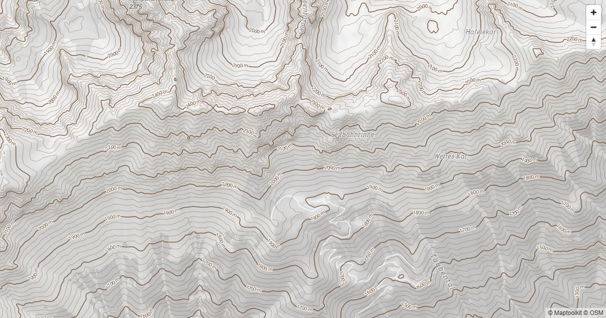 Labeled contour lines from the Maptoolkit contours vector tiles.
