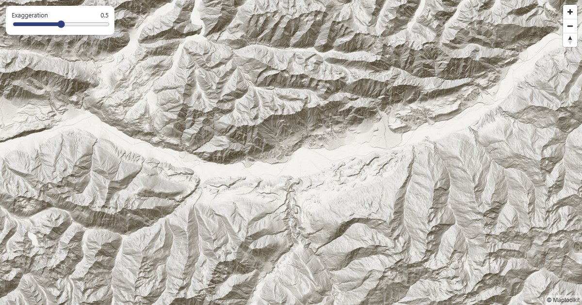 A relief map from the Maptoolkit terrain tiles, with adjustable shading.