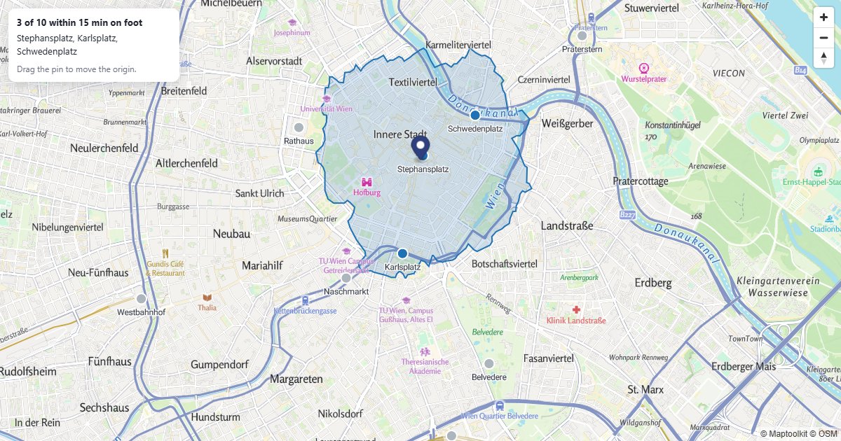 Drag the origin to see which places are within a 15 minute walk.