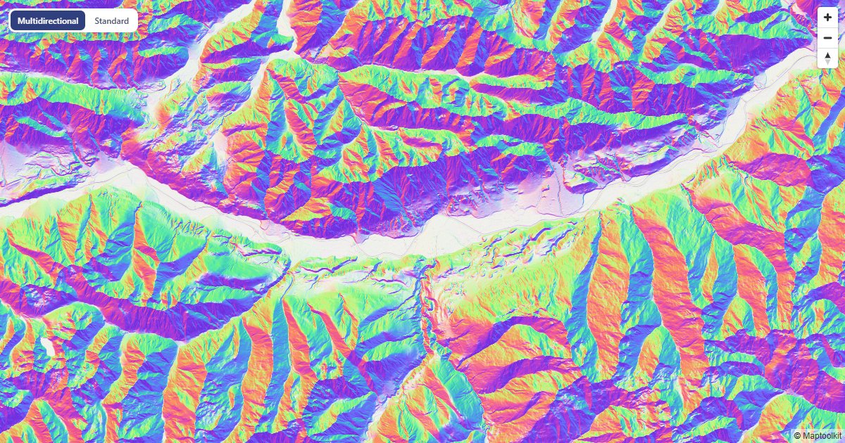 Terrain lit from four directions, compared with standard hillshade.