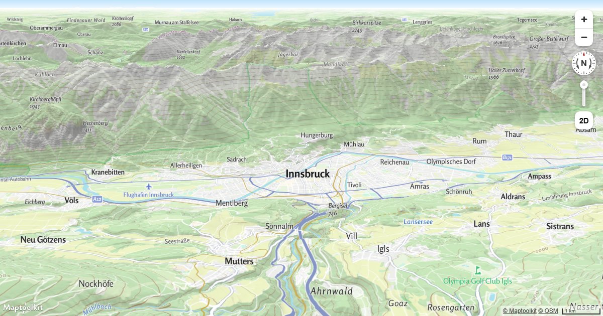 Render real 3D terrain elevation on a Maptoolkit map using a raster-dem source and terrain exaggeration.