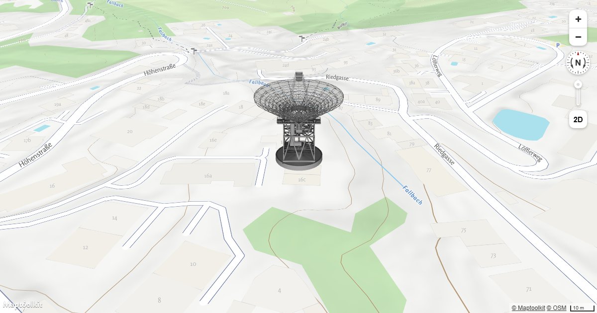 Place a GLTF 3D model at a geographic location on a Maptoolkit map using a three.js custom layer.