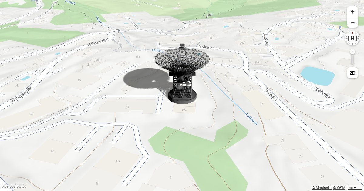 Render a GLTF 3D model with realistic shadow casting on a Maptoolkit map using three.js.