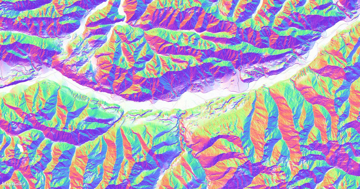 Render a multidirectional hillshade layer on a Maptoolkit map to reveal terrain detail from all directions.