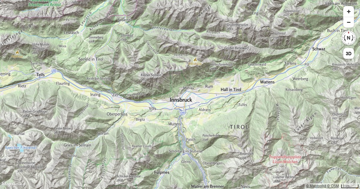 Display elevation contour lines on a Maptoolkit map using a raster-dem source and a line layer.