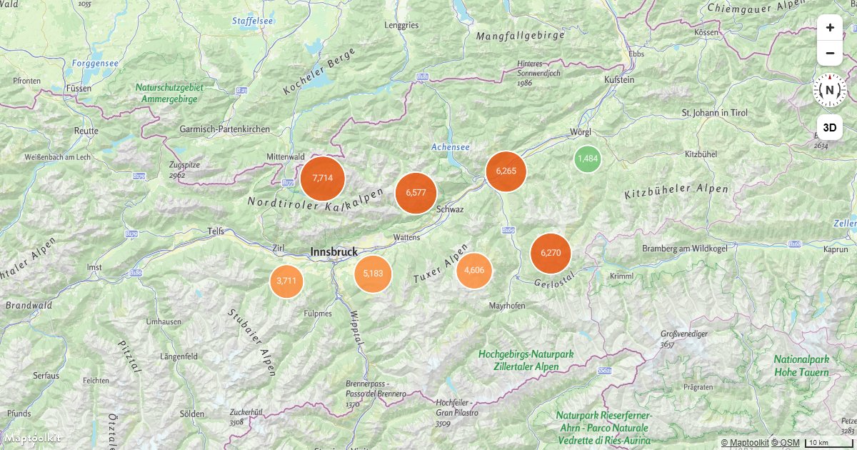 Sum a property across the points in each cluster with clusterProperties, and zoom into a cluster on click.