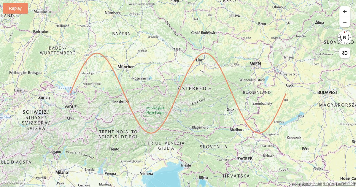 Animate a growing line on a Maptoolkit map by progressively adding coordinates to a GeoJSON source.