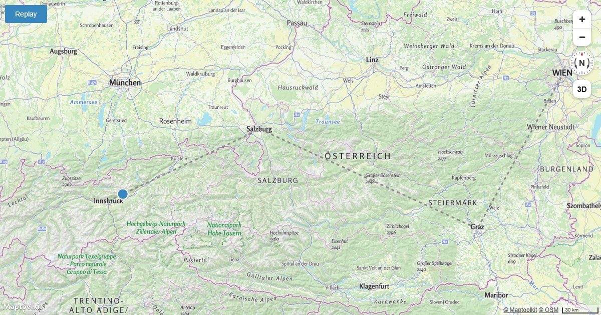 Animate a point icon moving along a fixed route on a Maptoolkit map using Turf.js for position interpolation.