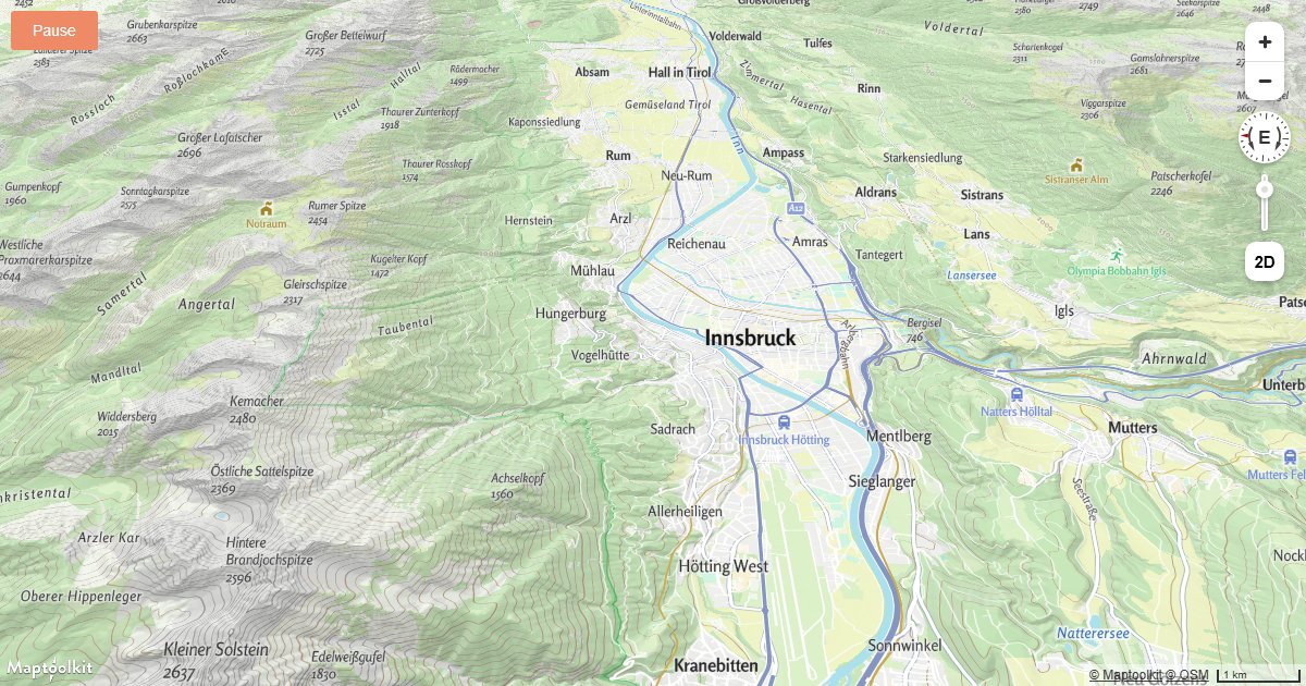 Continuously rotate the Maptoolkit map camera around a fixed center point using a requestAnimationFrame loop.