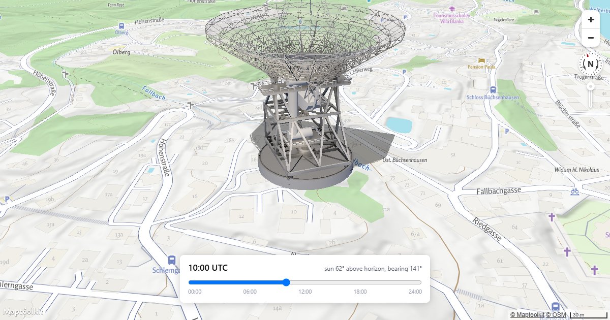 Drive a three.js light from the real solar position for a date, time and location, so the shadow means something.