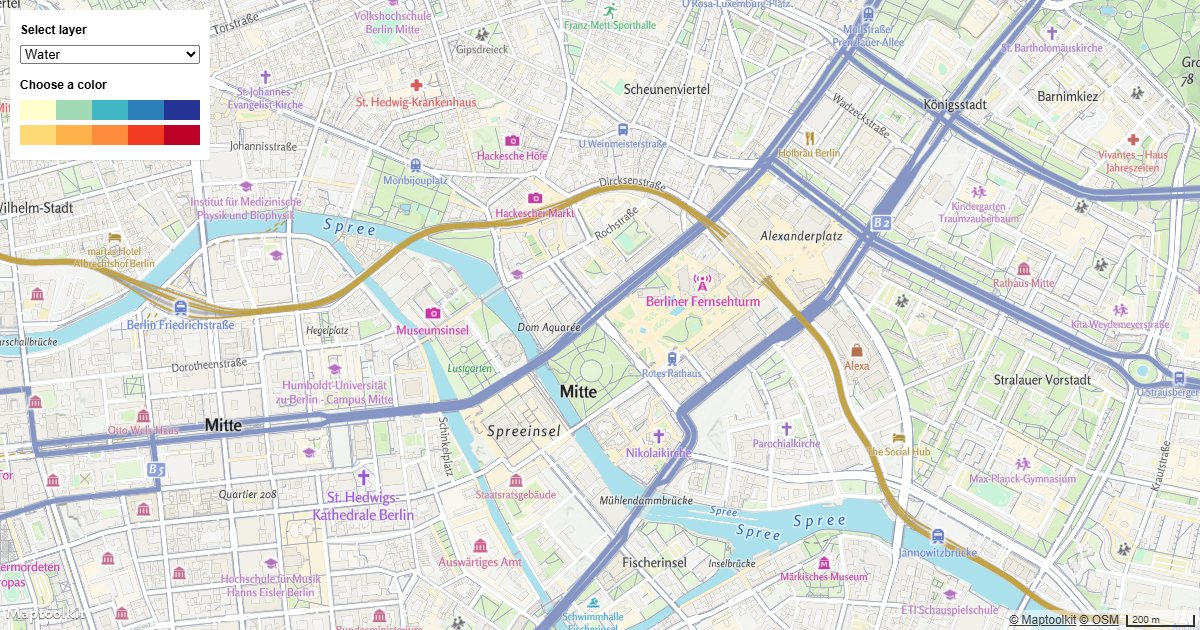 Update a Maptoolkit map layer's fill color at runtime using UI buttons and setPaintProperty.
