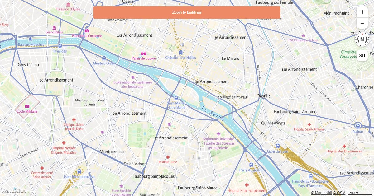 Apply zoom-dependent color expressions to Maptoolkit building layers using interpolate style expressions.