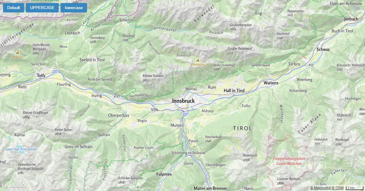 Set map label text to uppercase, lowercase, or title case on a Maptoolkit map using the text-transform layout property.
