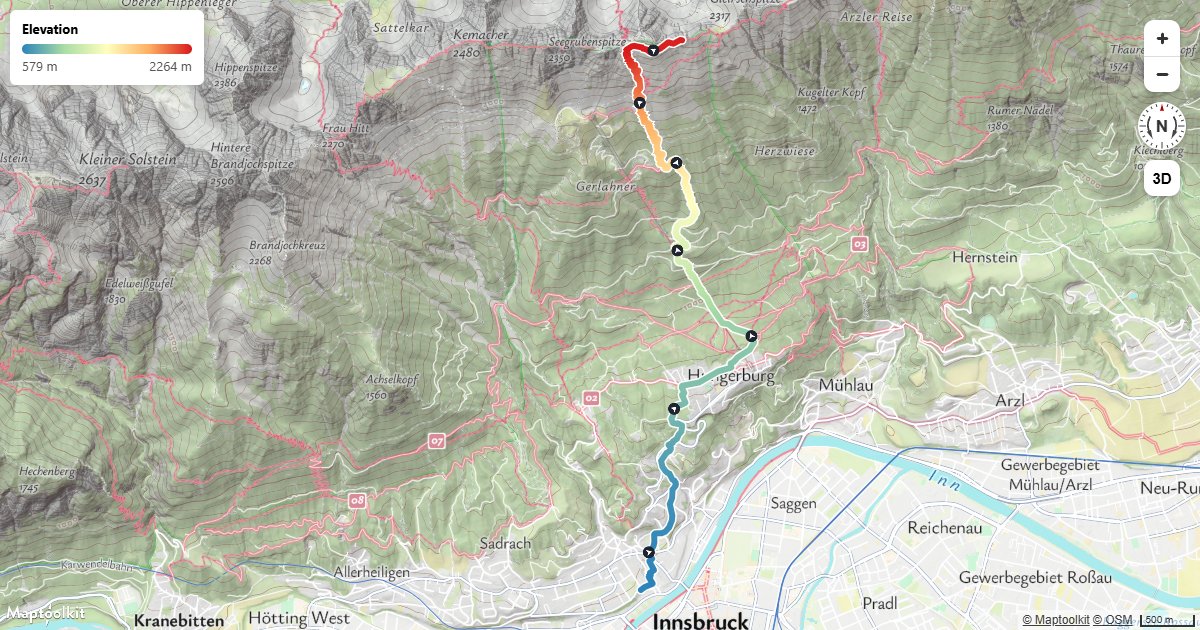 Color a hiking route by height with a line-gradient, and add direction arrows along the line.