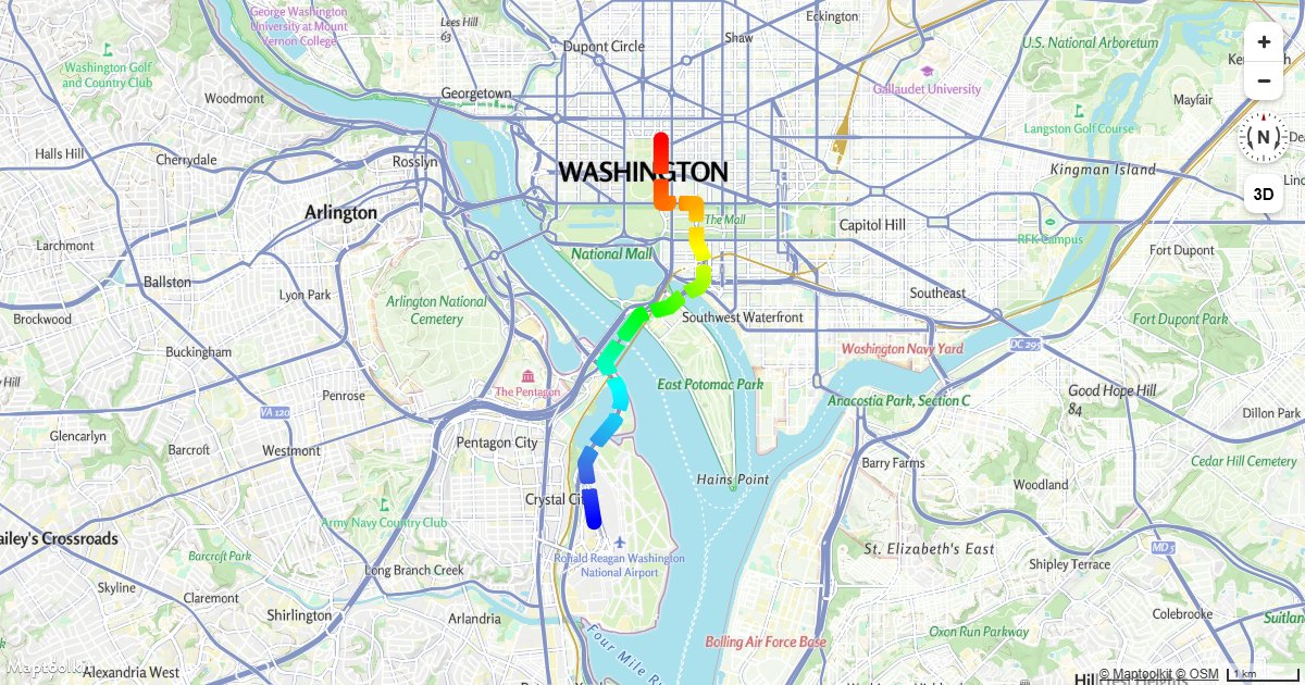 Combine a line-gradient expression with line-dasharray to render a color-gradated dashed line on a Maptoolkit map.