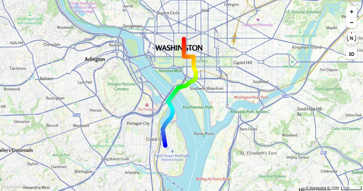 Apply a smooth color gradient along a line layer on a Maptoolkit map using a line-gradient style expression.