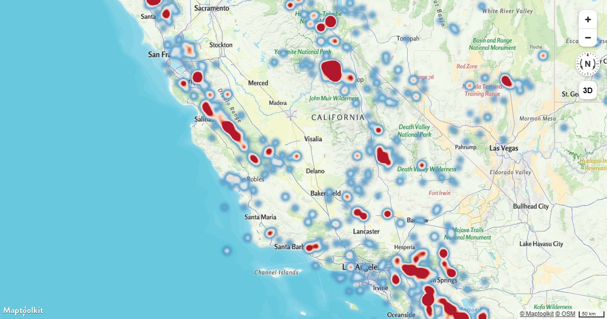 Visualize point density on a Maptoolkit map using a heatmap layer driven by data-driven style expressions.