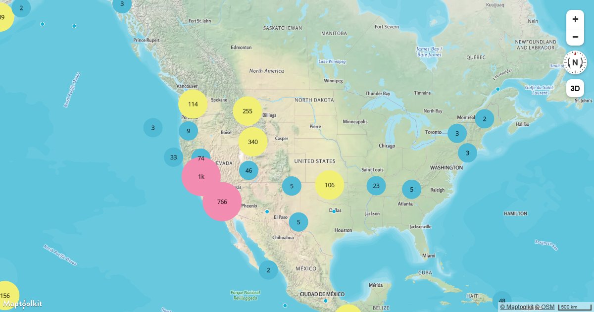 Group nearby point features into clusters on a Maptoolkit map and style them by cluster size using GeoJSON clustering.
