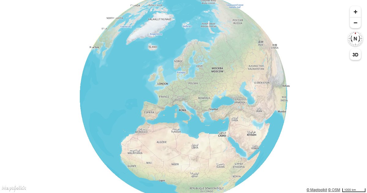 Render a Maptoolkit vector map as a 3D globe using the globe projection setting.