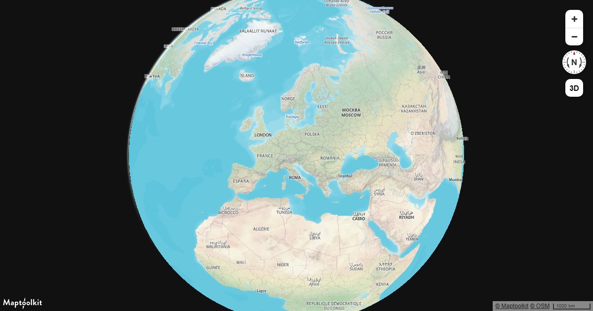 Render a Maptoolkit globe with a realistic atmospheric haze and sky gradient using the fog style property.