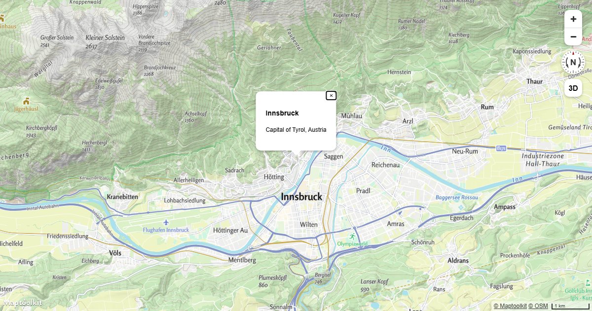 Show a Maptoolkit Popup with custom HTML content at a fixed geographic coordinate.