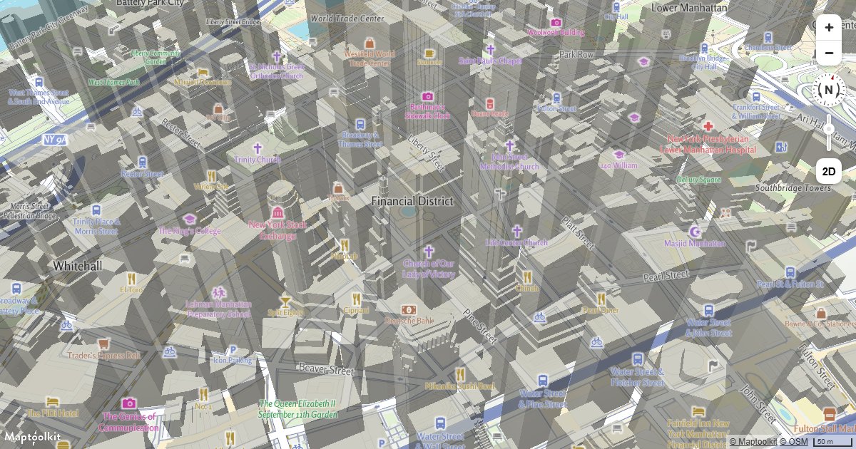 Extrude building footprints into 3D on a Maptoolkit map using fill-extrusion layers and height data.