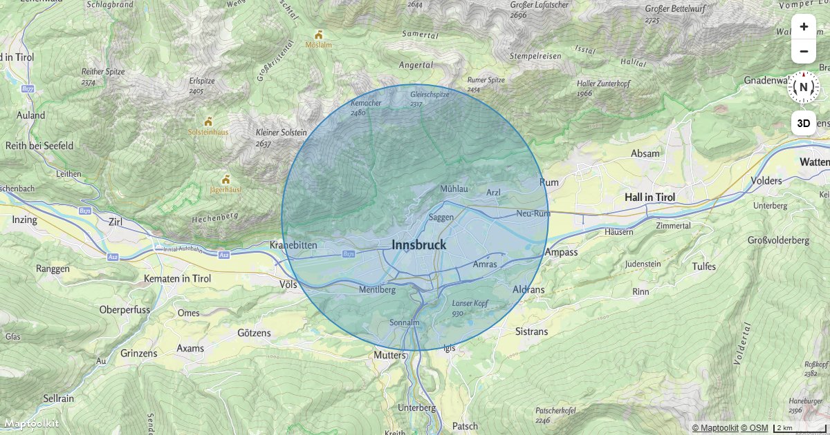 Draw a geographic circle at a radius in meters on a Maptoolkit map using a GeoJSON polygon approximation.