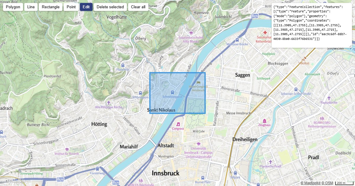 Draw, edit and delete shapes on the map, and export them as GeoJSON.