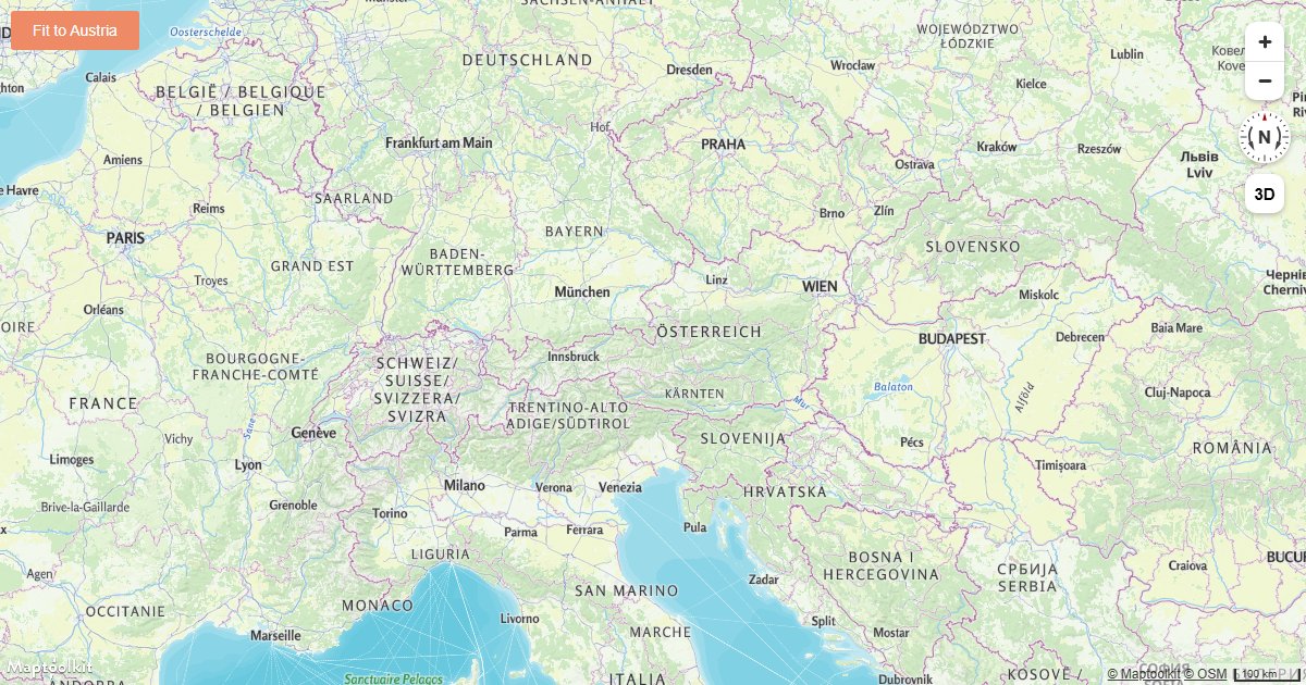 Fit a Maptoolkit map view to a geographic bounding box using fitBounds with optional padding.