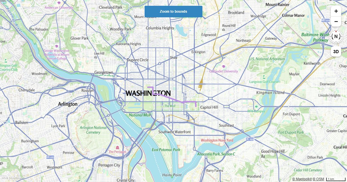 Automatically fit a Maptoolkit map to the bounding box of a GeoJSON LineString using fitBounds.