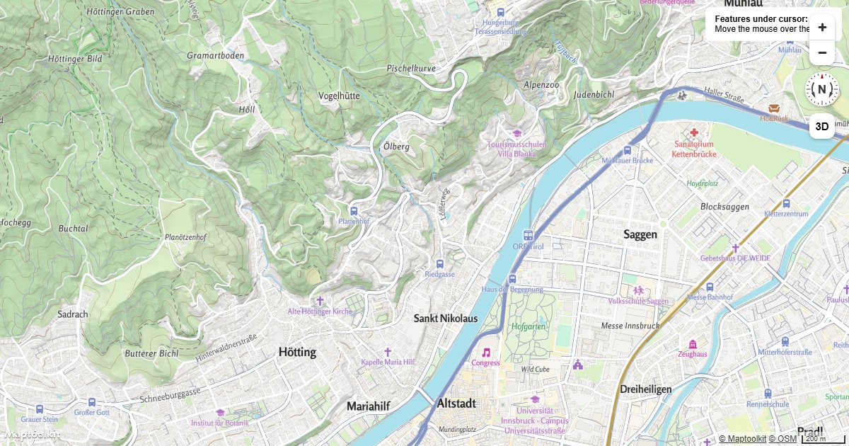 Query all rendered Maptoolkit map features under the mouse cursor and display their properties on hover.