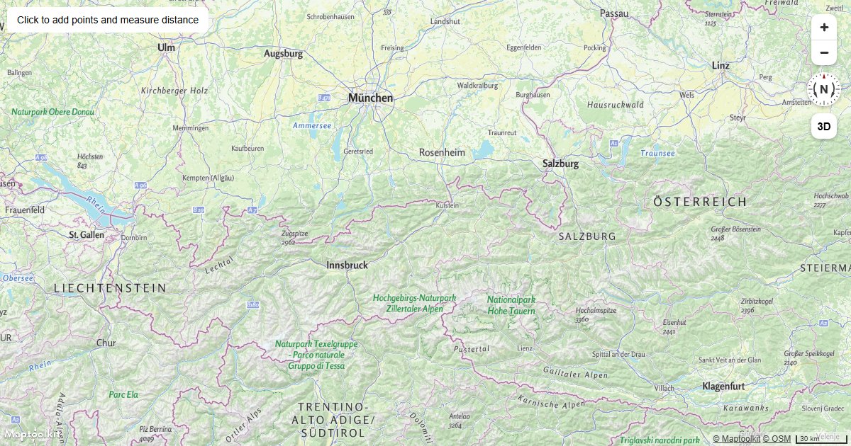 Place points by clicking a Maptoolkit map and measure the total distance between them using Turf.js.