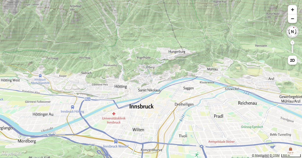 Initialize a Maptoolkit map with a custom pitch and bearing to set a tilted or rotated starting view.