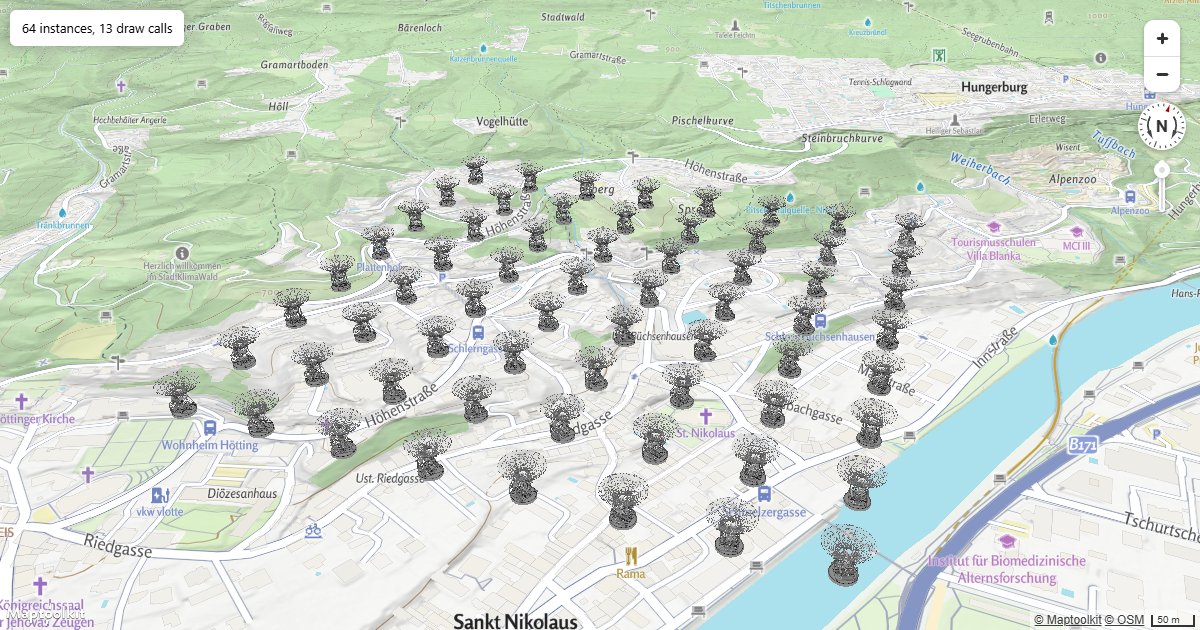 Load one model and draw it at hundreds of positions with instanced rendering, in a single custom layer.