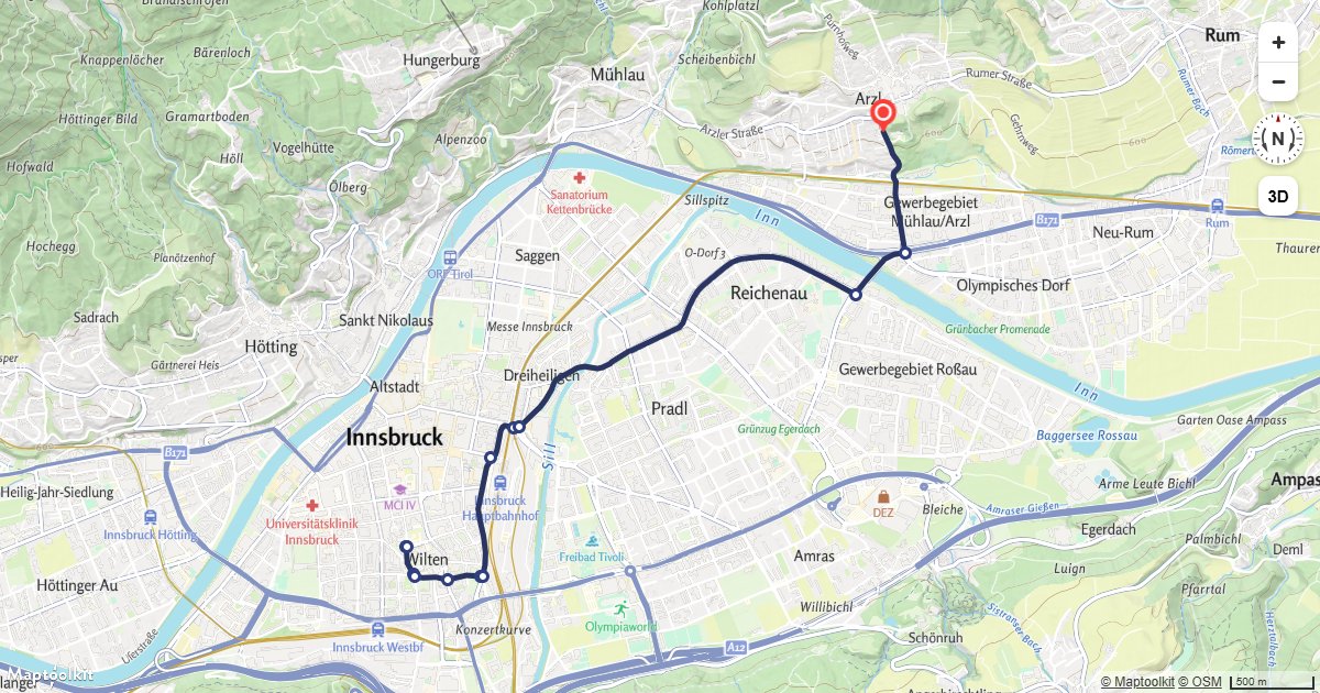 Calculate a car route and draw it on a Maptoolkit map with turn-by-turn markers.